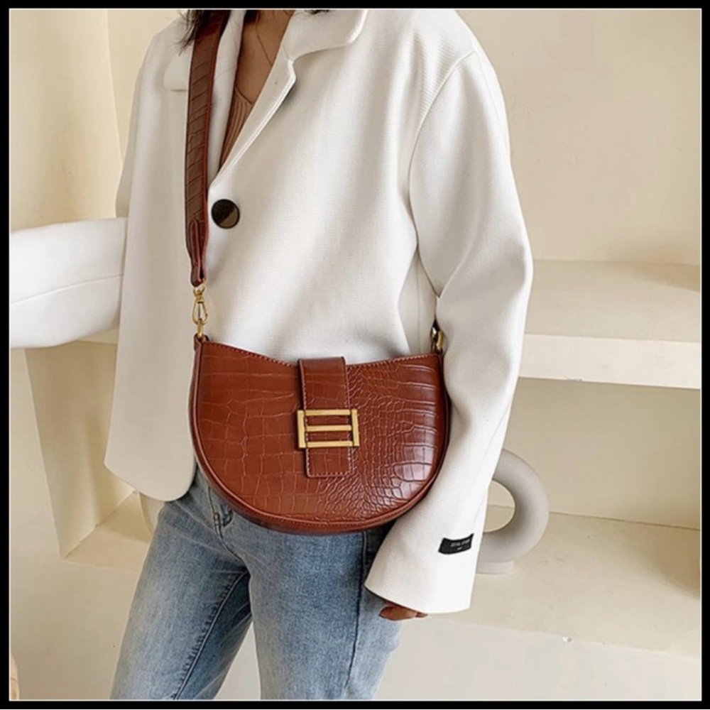 Brown Croc-Embossed Shoulder Bag